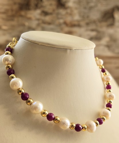 Genuine Red Ruby And Freshwater Baroque Pearls In Gold Plated Classic Necklace - Picture 3 of 9