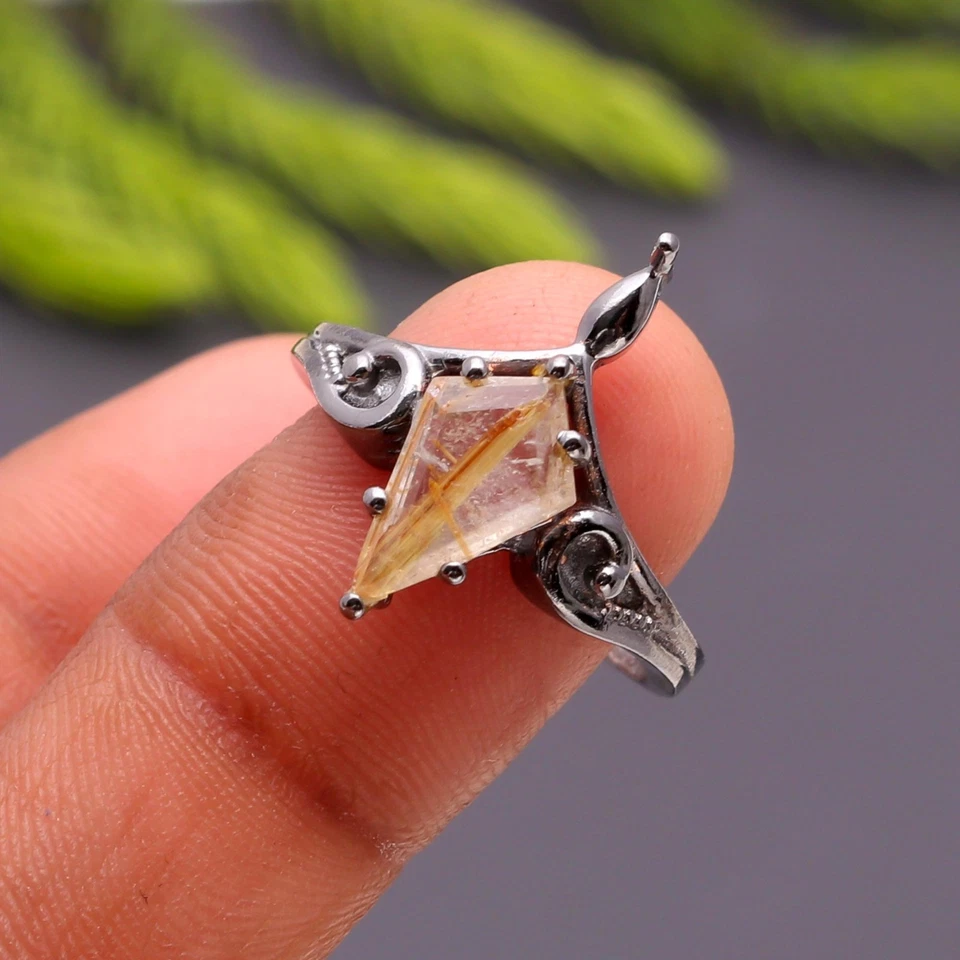 Anillo Cometa Rutilo Dorado Natural Plata de Ley 925 Negro Oxidado Joyería Boho Foto 4 de 4