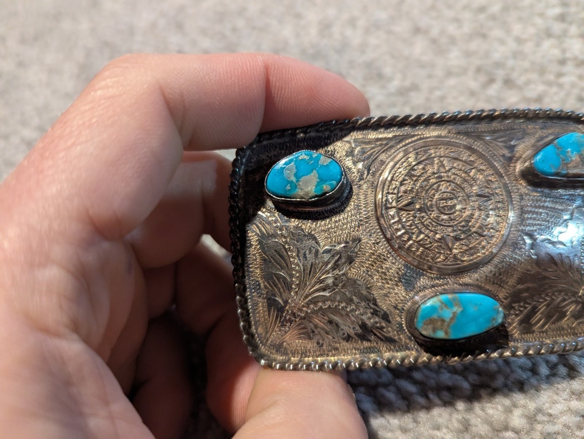 Mexico Inlay Decorative Belt Buckle - Silver with Blue Inlay Large Vintage Navajo Turquoise Chip Inlay Ketoh Design  main image 4
