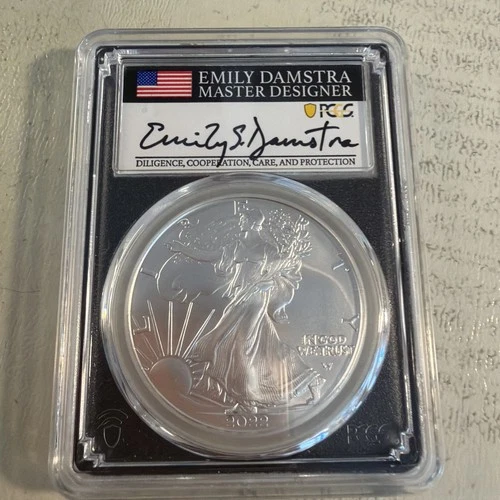 2022 American Silver Eagle PCGS MS70 First Day of Issue Emily Damstra Signed