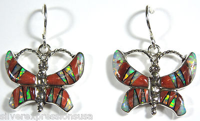 925 Sterling Silver Butterfly Earrings w/ Spiny Oyster Shell & Fire Opal Inlay 