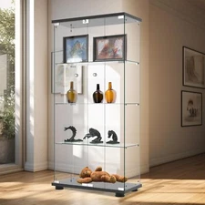 Glass Display Cabinet 2 Doors, 4-Shelf Curio Cabinet Floor Standing Bookshelf
