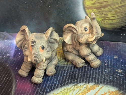 Two 4.5" Baby Elephants Figurine Big Eyes Lucky Trunk Up Smiling Andrea By Sadek
