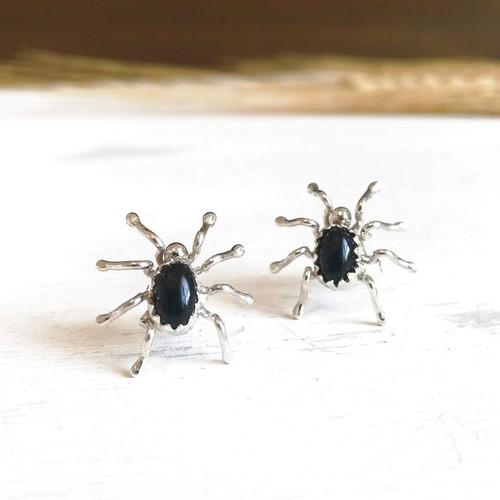 Native American Navajo Sterling Silver Black Onyx Small Spider Stud Earrings - Picture 1 of 5