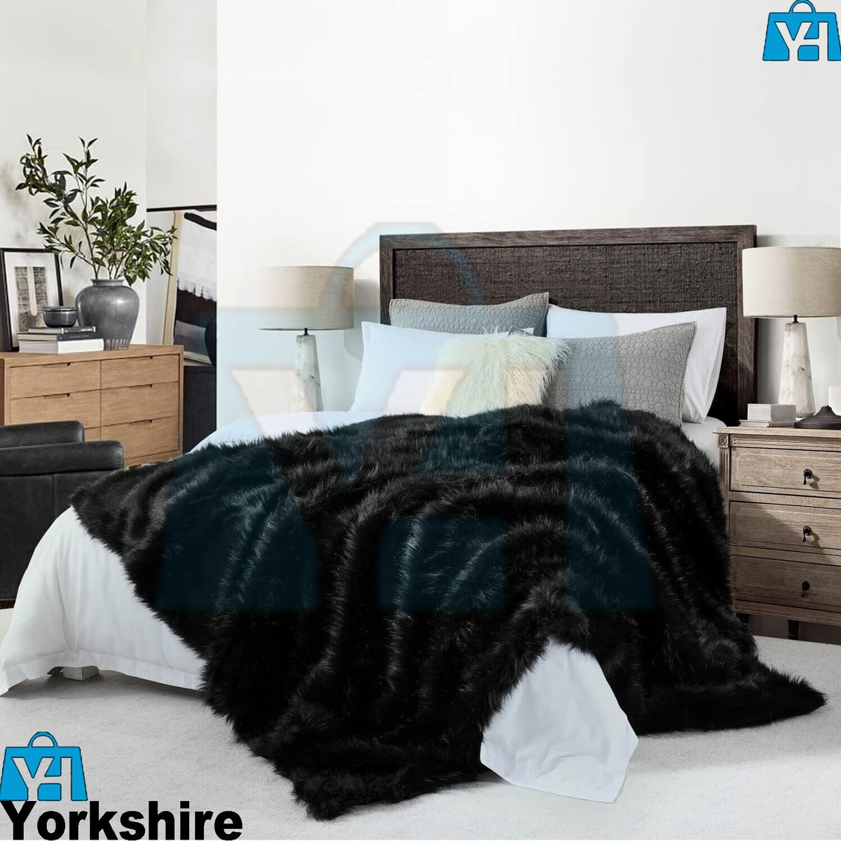 Black Long Pile Faux Fur Shaggy Fleece Throw Soft Warm Blanket Bed Sofa  Settee