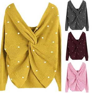 Details About Nouvelle Femmes Perle Dos Noeud Pull Tricoté Manche Longue Couleur Unie Hauts