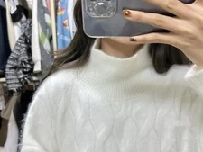 Angora Blended Jumper Fuzzy Soft Mock Neck Side Slit Sweater