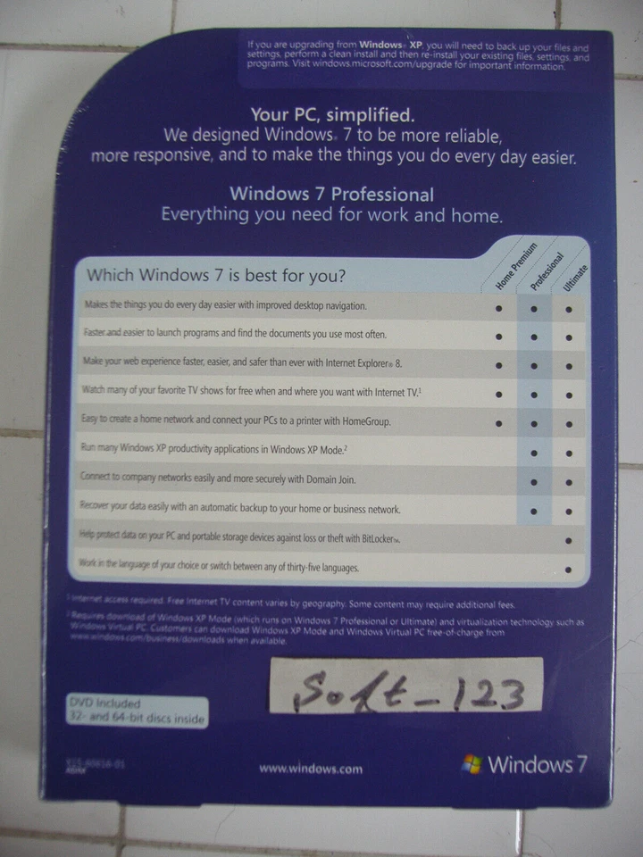 Microsoft Windows 7 Professional Full 32 & 64 Bit DVD MS WIN PRO=NEW SEALED BOX= - Image 3 of 4