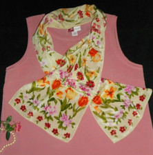 Silk Scarf 12 x 56 Pink Yellow Green Ivory Red Floral Spring Flowers Rectangle