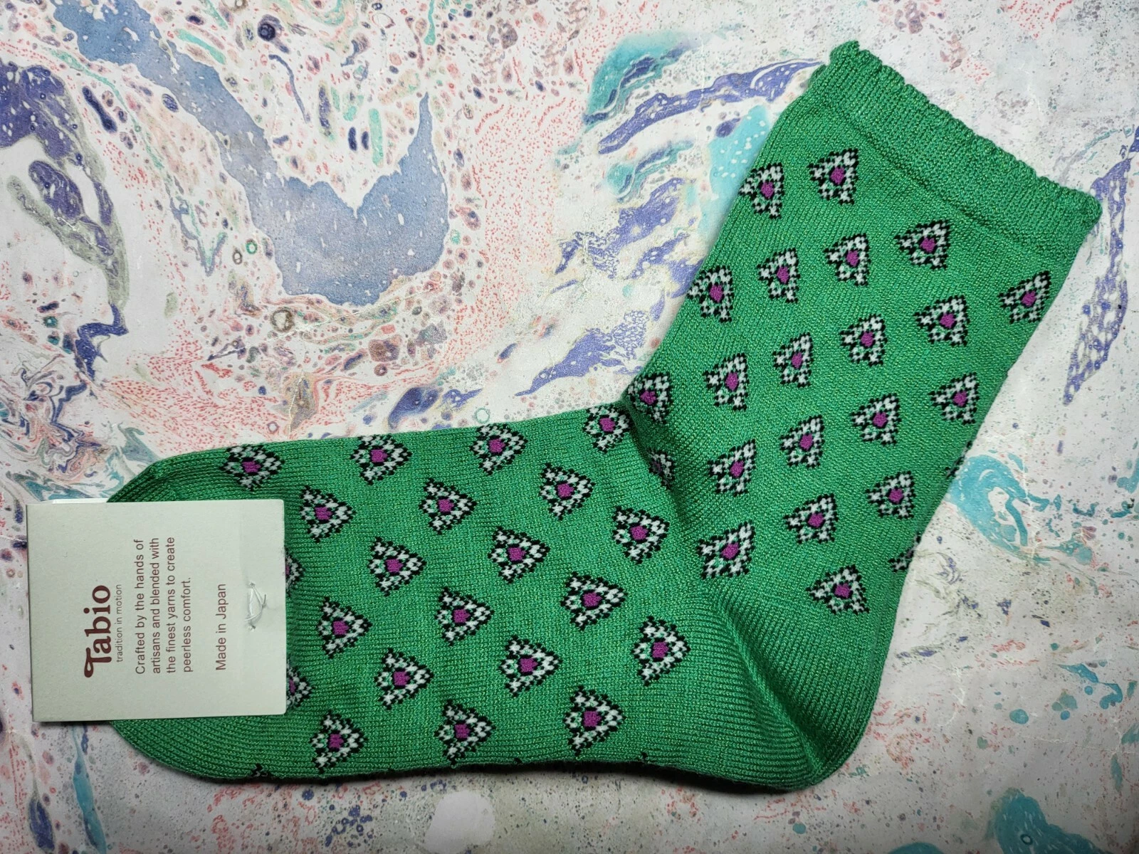 Tabio Japan Womens Socks Eco Provence Pattern Low Crew Green UK 4-6 EU 36-39.5