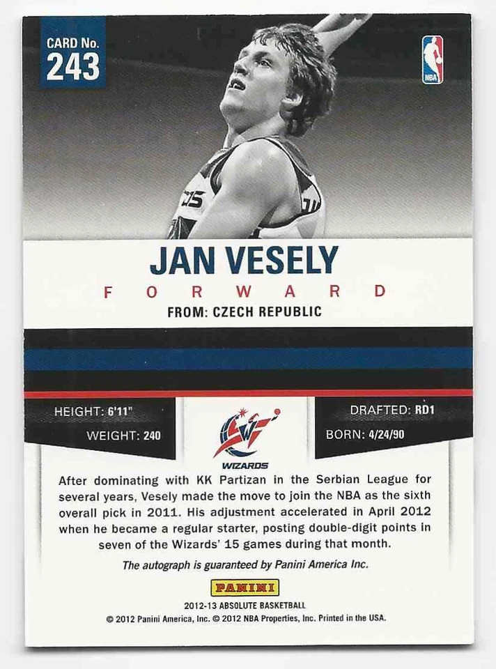 2012-13 Absolute Jan Vesely RC Auto 124/249 #243 - Image 2 of 2