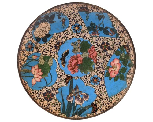 Antiker Meiji japanischer Cloisonne Emaille Platzteller blühende Blumen Butterf - Bild 1 von 5