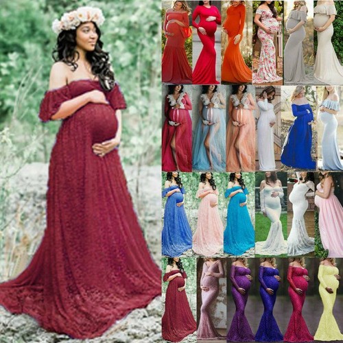 Pregnant Lady Lace Long Maxi Dress Gown 