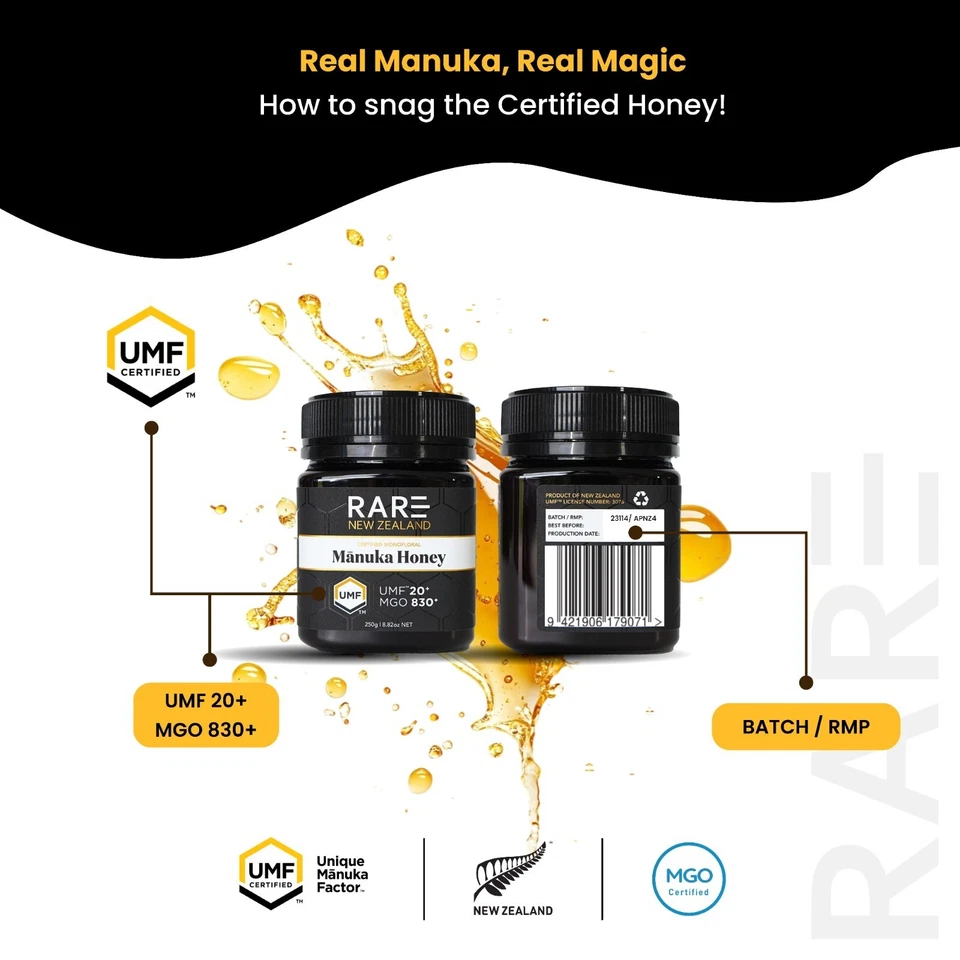 Miel de Manuka de Nueva Zelanda rara, UMF 20+, MGO 830+ certificada, 100 % premium 8,8 oz 250 g Foto 2 de 4