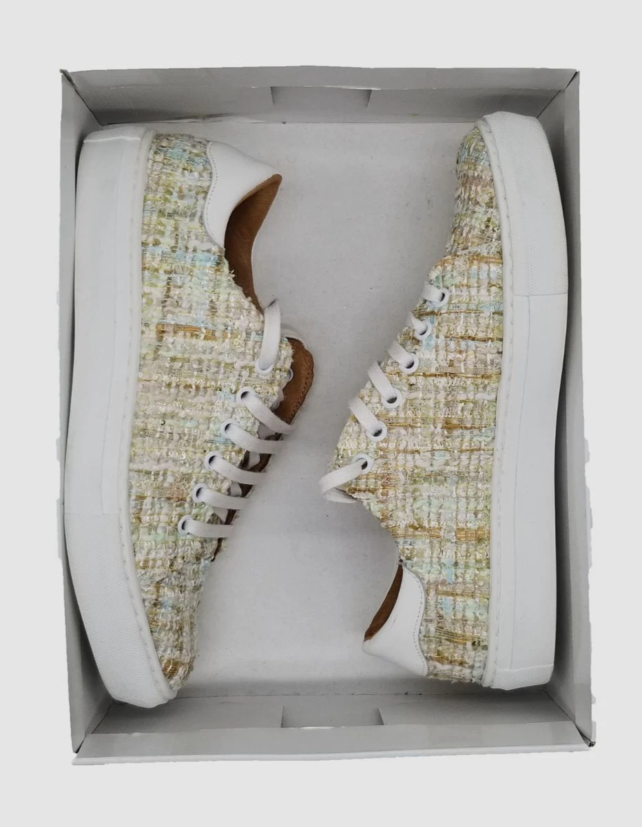 $240 Neiman Marcus Women Beige Tweed Boucle Lace up Sneakers Shoes EU 38 US  8 