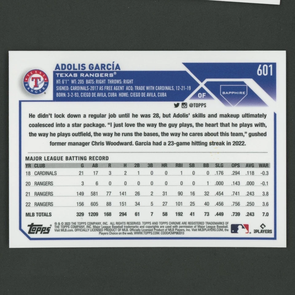 2023 Topps Chrome Sapphire Edition #601 Adolis Garcia Orange Refractor SP #11/25 - Image 2 of 2