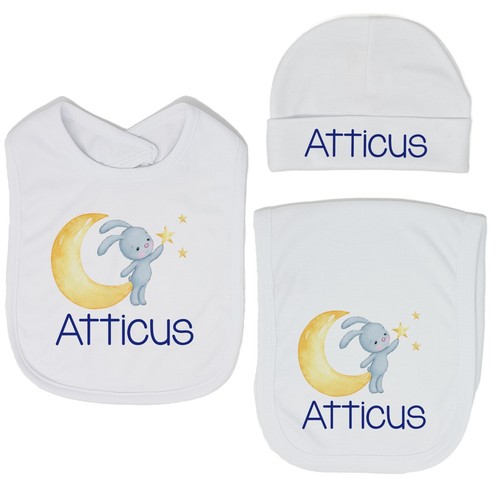 Baby Junge personalisiert individuell Mond Häschen Lätzchen und Spucktuch Set VS2 - Bild 1 von 26