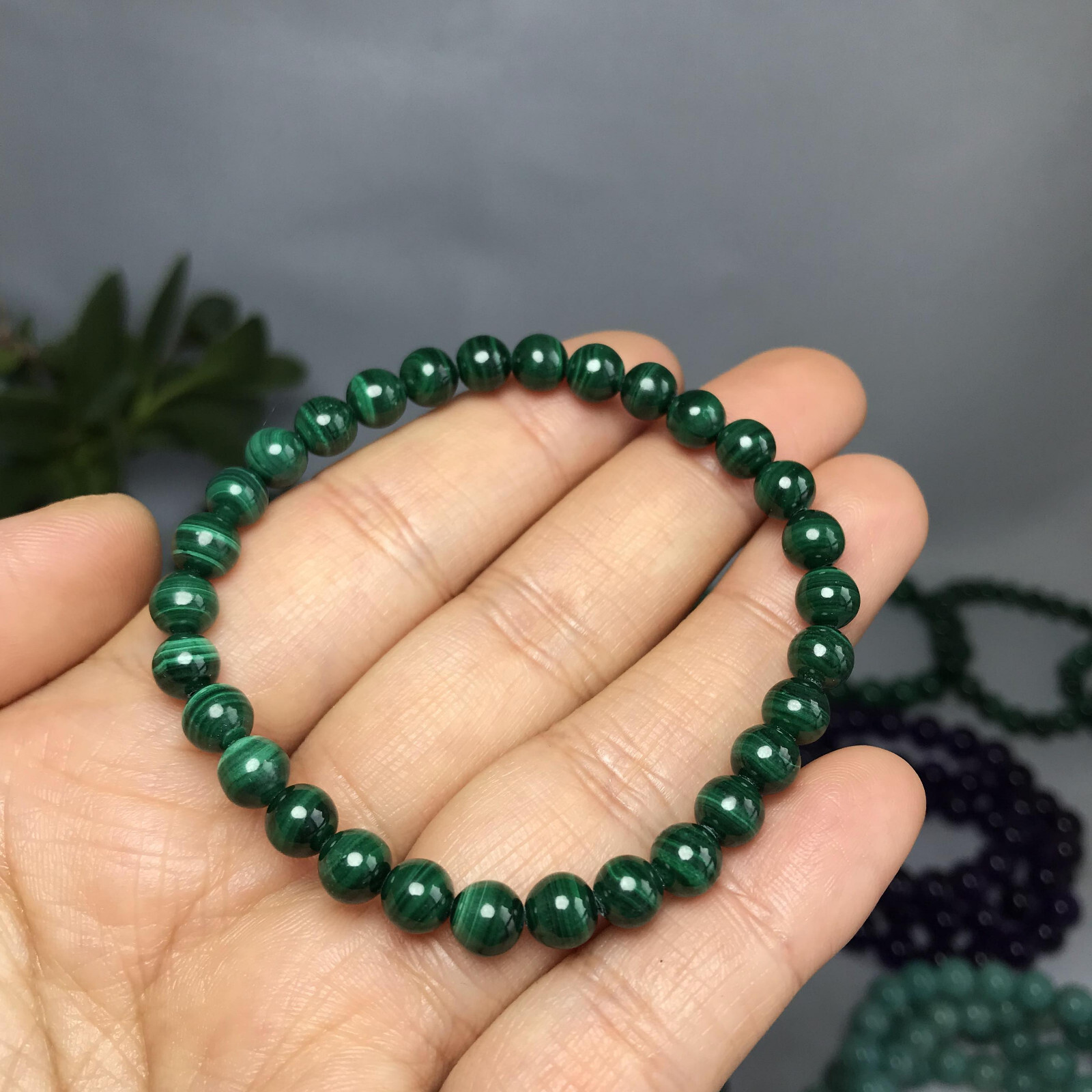 Natural malachite polished stone bracelet with crystal ball sphere 6mm 13.7g specimen