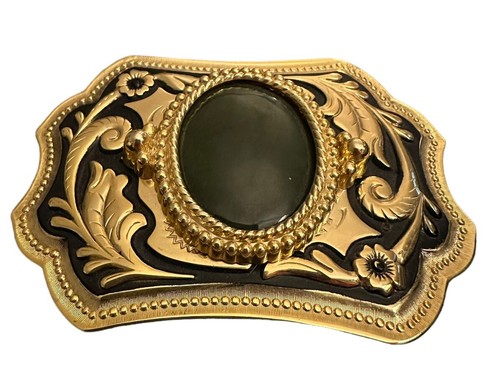 Large Country Western Belt Buckle Goldtone W/ Green Stone VTG Statement Piece - Picture 2 of 5