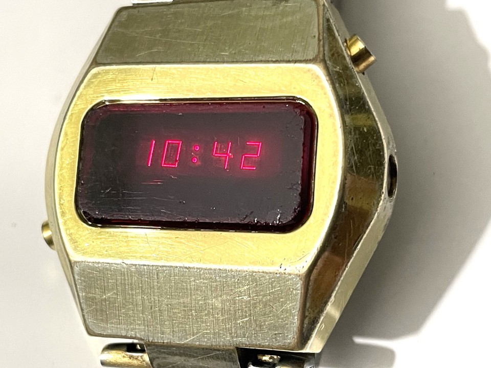 Vtg Men's LED digital watch, circa 1970's, two-button red LED display ...