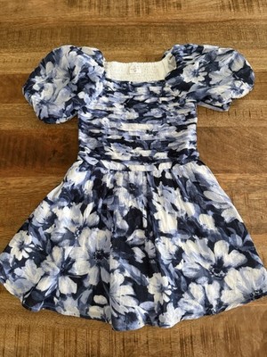 Abercrombie Kids Blue Floral Dress Size 7/8 Smocked Puff Sleeve Fit Flare
