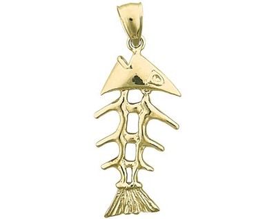 14K Solid Gold 3D Fish Skeleton Pendant