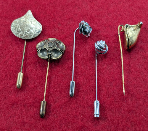 Five Vintage Stick Pins Hat Lapel Pins Trifari Unbranded Gold Tone Silver Tone