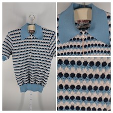 Vintage McGregor Knit Shirt Polo 60s 70s Mod Geometric Blue White Popcorn XL