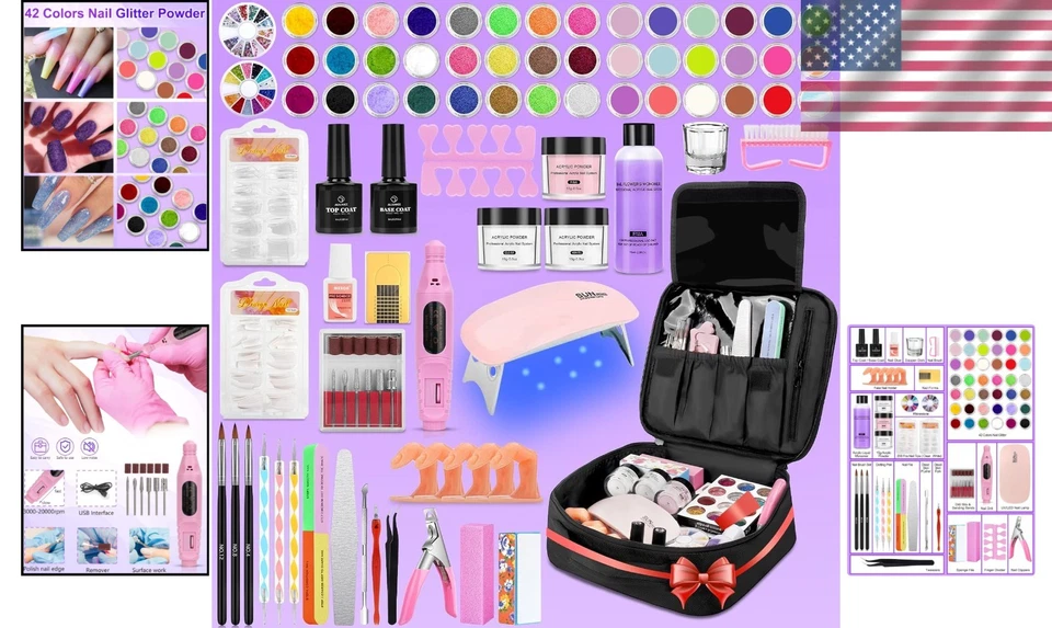 Elegante kit de unhas de acrílico 81 em 1 com broca para unhas, glitter, lâmpada UV e organizador - Imagem 2 de 4