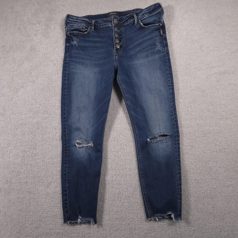 Pantalones de mezclilla plateados Mazy crop ajustados para mujer 33 azules desgastados botones dobladillo crudo Foto 3 de 4