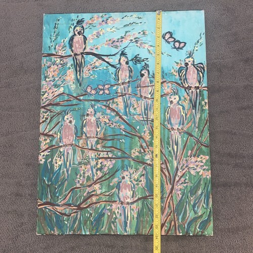 Vintage Original Painting PARROTS Birds JUNGLE Tree Branches 24” X 18” Rare! - Picture 10 of 11