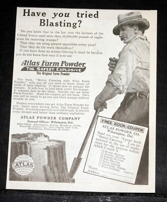 1917 OLD MAGAZINE PRINT AD, ATLAS FARM POWDER, HAVE YOU TRIED BLASTING ...
