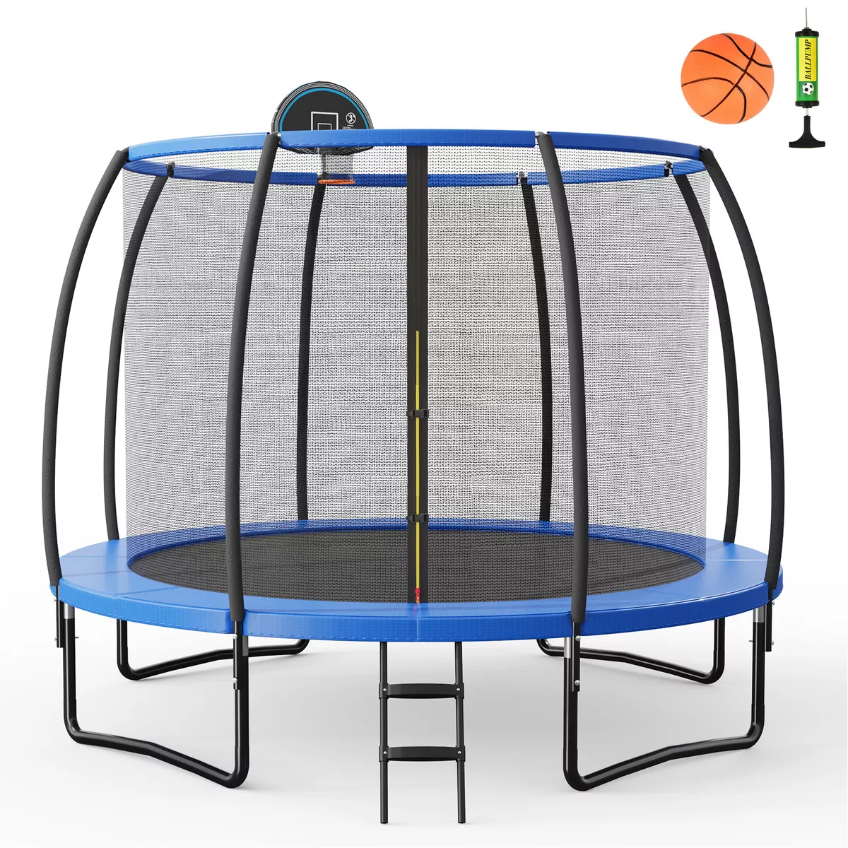 Trampoline with enclosure top and basketball hoop