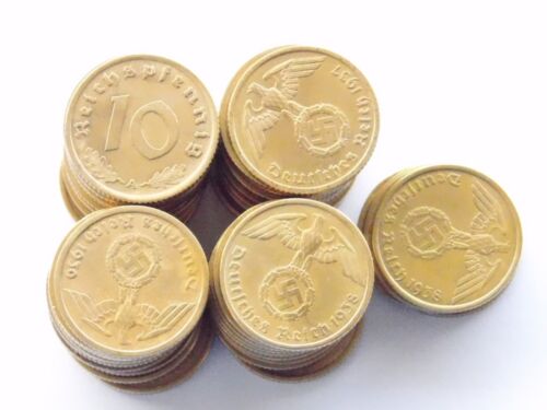 Lot GERMAN 45x 10 REICHSPFENNIG Coins 1937 - 1939 Brass SWASTIKA 3RD WW2 Pfennig - Picture 9 of 17