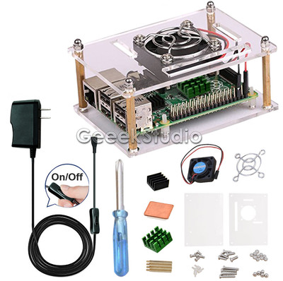 Raspberry Pi Acrylic Case Kit with Switch Power Supply & Cooling Fan & Heatsinks
