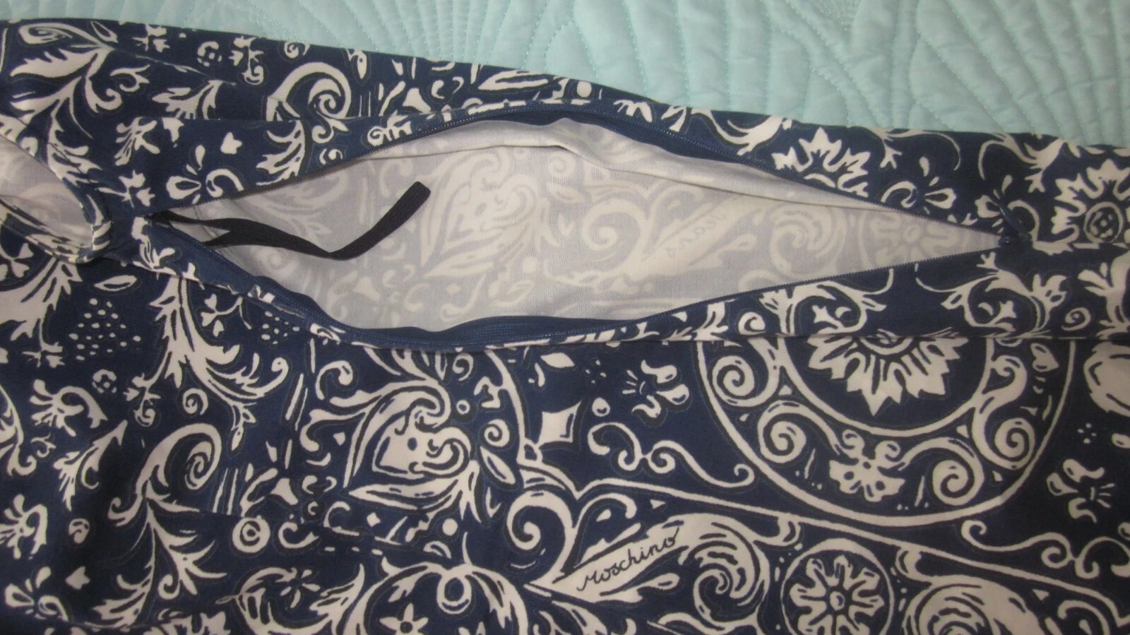 Abito MOSCHINO Jeans Denim Paisley blu navy monospalla asimmetrico USA 6 IT40