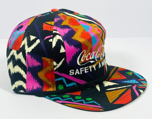 Vintage Coca Cola Safety Award Abstract Colorful All Over Print 80's 90's Hat - Picture 2 of 8