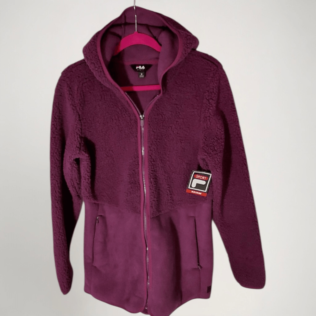 Giacca felpa con cappuccio pile prugna Fila Sport M donna zip morbida foderata sherpa Y2K accogliente