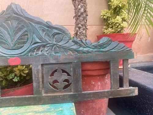 Ancient Wooden Hand Carved Floral Jali Cutting Green Painted Wall Hanging Panel - Picture 4 of 11