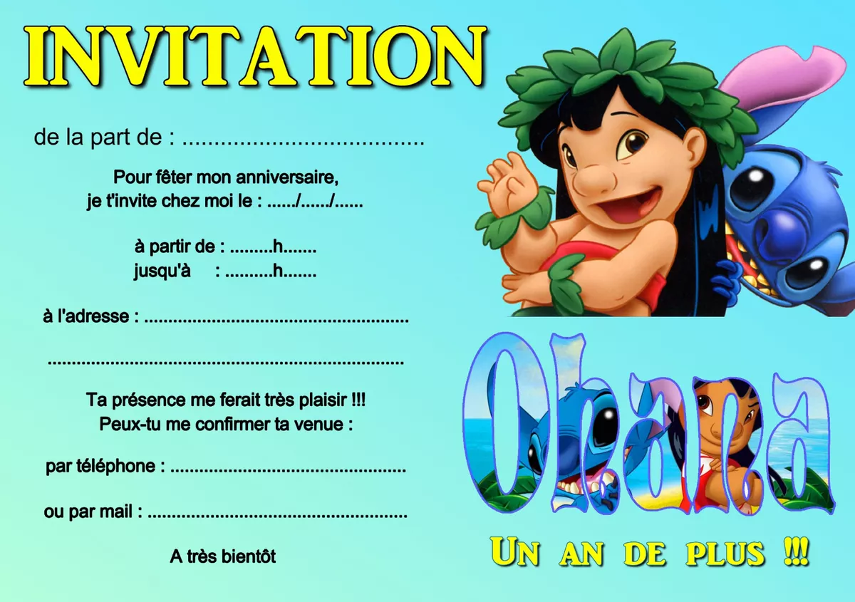 5 - 12 or 14 Lilo & Stitch Birthday Invitation Cards REF 440