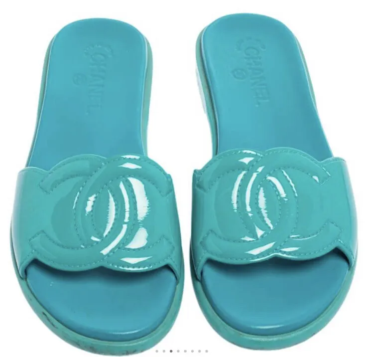 CHANEL Cambon Shoes Sandals Flats Mules Turquoise Blue Patent Leather Size  39 C