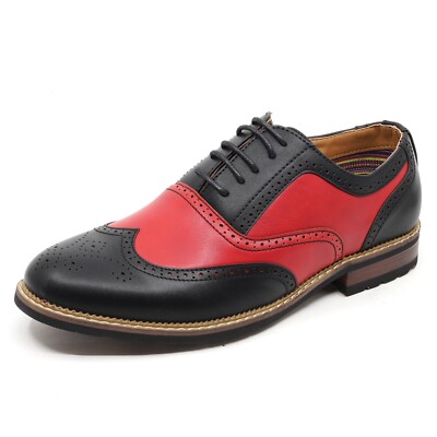 Black Red Men's Two Tone Perforated Wing Tip Lace Up Oxford Dress Shoes 