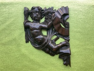 Antique Carved Wood Putti Cherub Plaque Panel