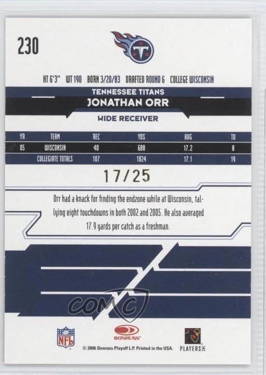 2006 Leaf Rookies & Stars Rookie Longevity Parallel Gold /25 Jonathan Orr RC - Image 2 of 2