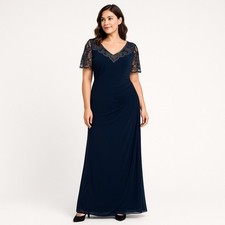 XSCAPE Size 16 Women's Beaded Chiffon Long Gown Navy Blue Formal Eveneing