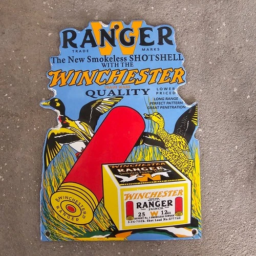 VINTAGE DIE CUT WINCHESTER RA OLD US GASOLINE OIL GAS PUMP ENAMEL PORCELAIN SIGN