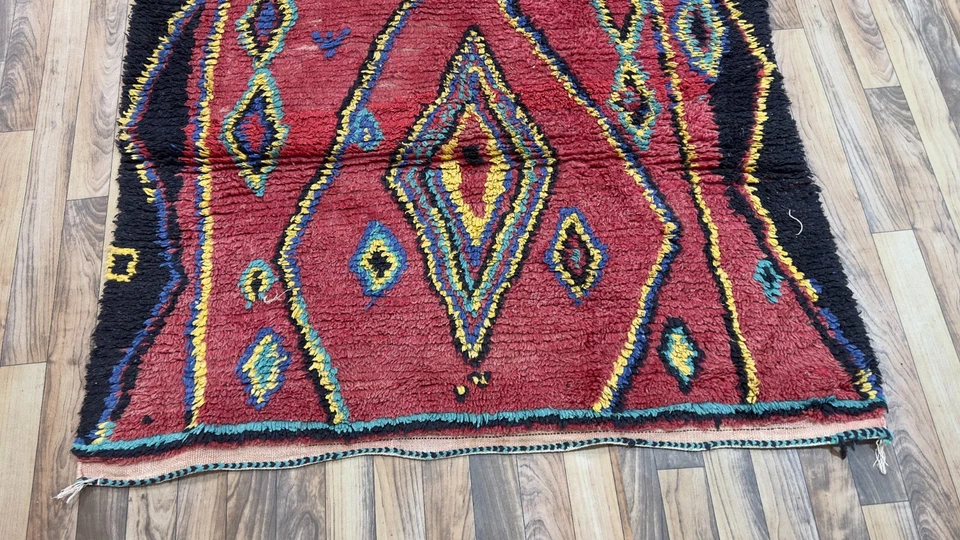 Vintage Moroccan Berber Rug – Handmade Wool Carpet – Red Tribal Geometric Diamon - Image 3 of 4