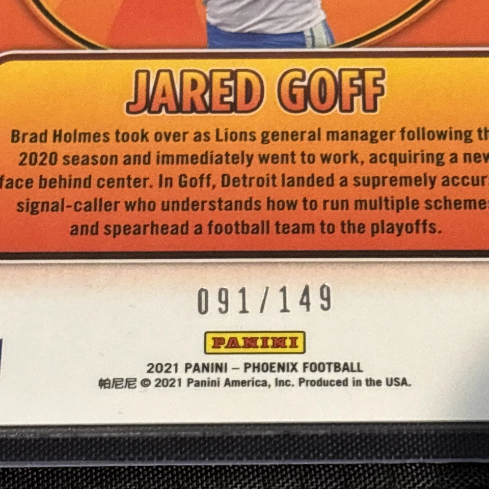 2021 Panini Phoenix #FT-23 Jared Goff Flame Throwers Teal #/149 Lions TC2257 - Image 3 of 3