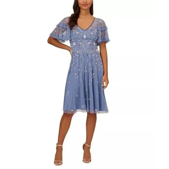 chinese dress ladies Adrianna Papell Beaded V-Neck 3/4 Sleeve A-Line Gown - Air sky main image 1