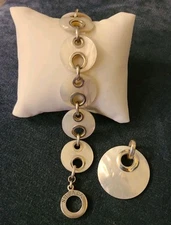 Silpada 925 Sterling & Mother of Pearl Disk Bracelet & Pendant Set Modernist 